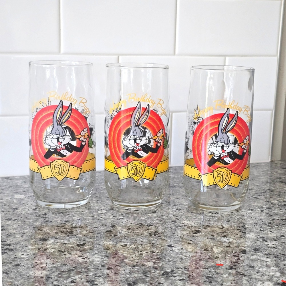 Warner Bros Bugs Bunny 50th Birthday Glass Set 1990 Vtg Looney Tunes 3pc Clear